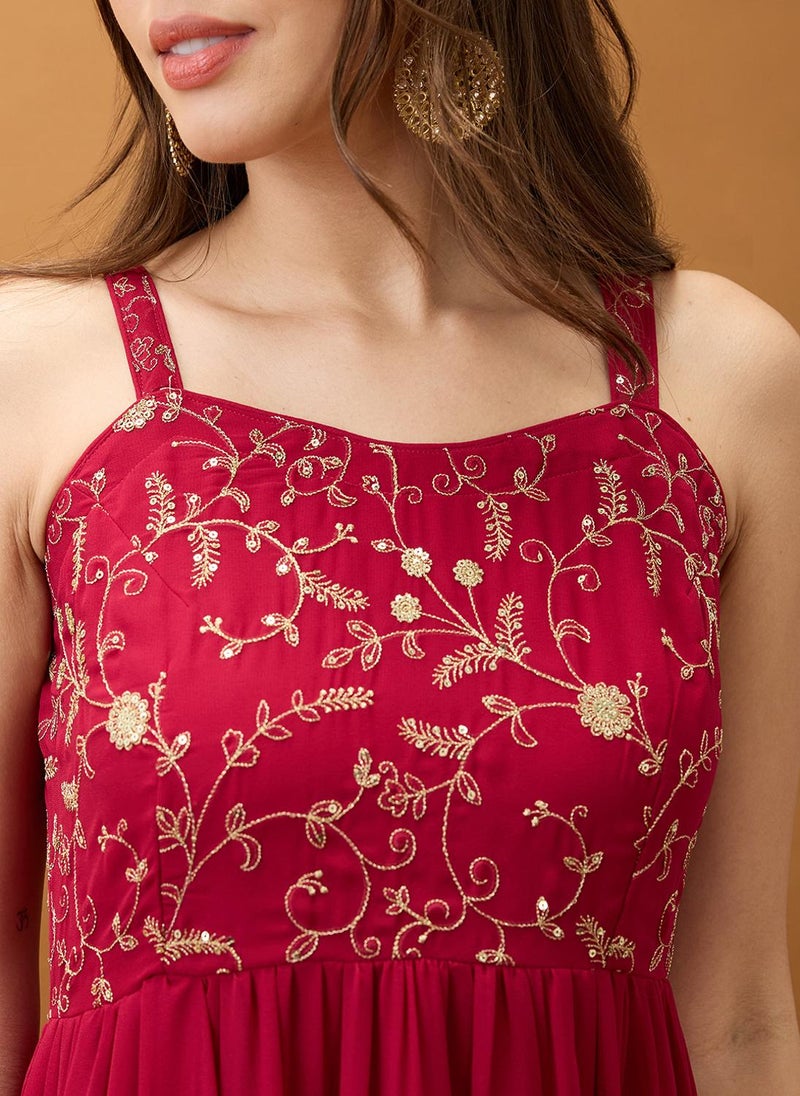 Globus Women Maroon Sweetheart Neck Strappy Shoulder Floral Embroidered Tiered Maxi Fit & Flare Festive Dress - Image 5